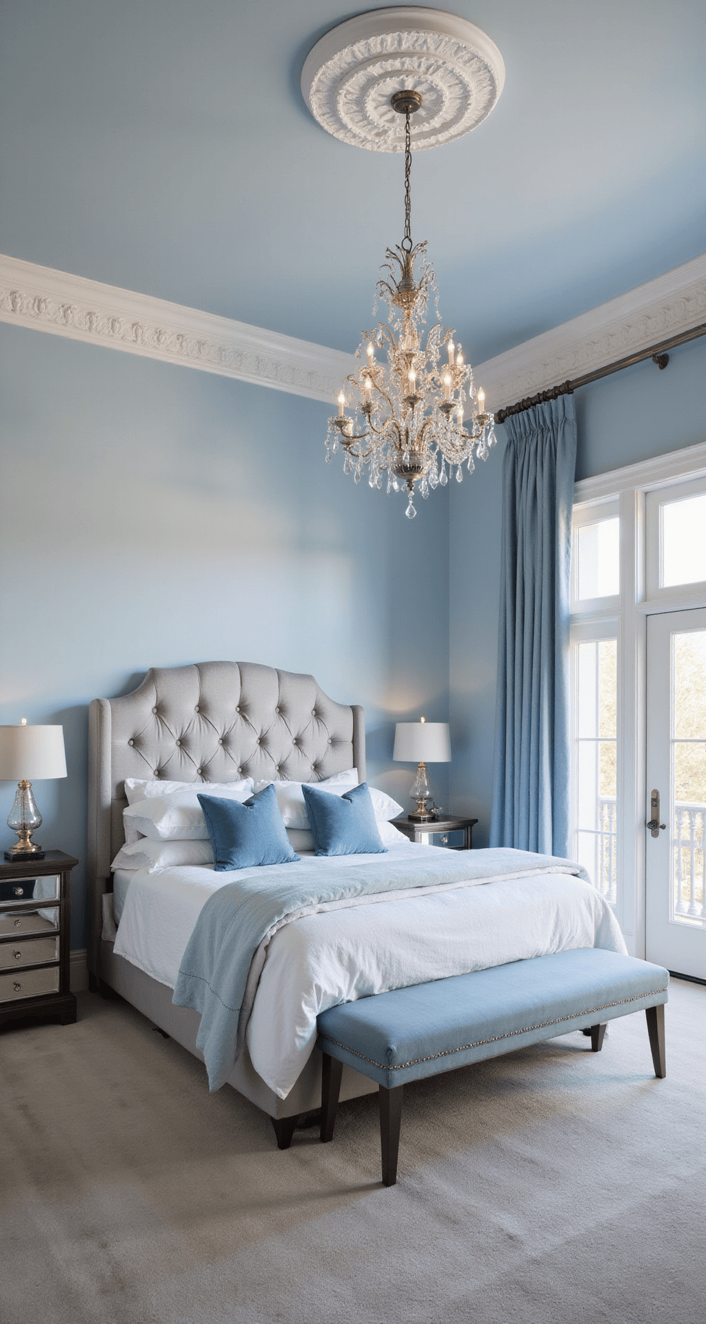 A spacious primary bedroom with pale blue walls and white trim, featuring a tufted silver-gray velvet headboard, layered white and blue bedding, mirrored nightstands, and a crystal chandelier, all illuminated by soft morning light during twilight.