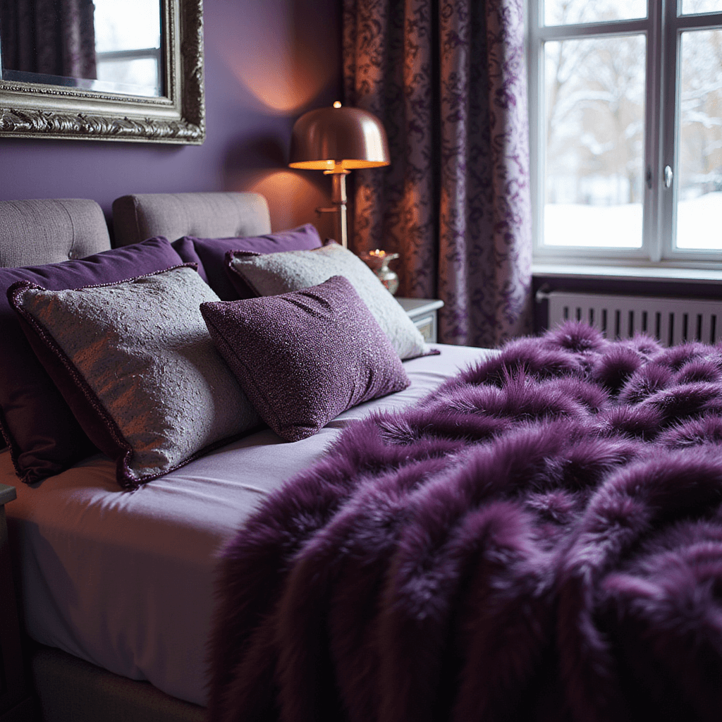 A cozy winter-themed purple bedroom detail featuring a layered bedding setup with a deep plum velvet duvet, faux fur throws in violet and silver, and metallic accent pillows, illuminated by warm light from a copper lamp, with an ornate silver mirror reflecting candlelight and heavy damask curtains framing a snow-dusted window.