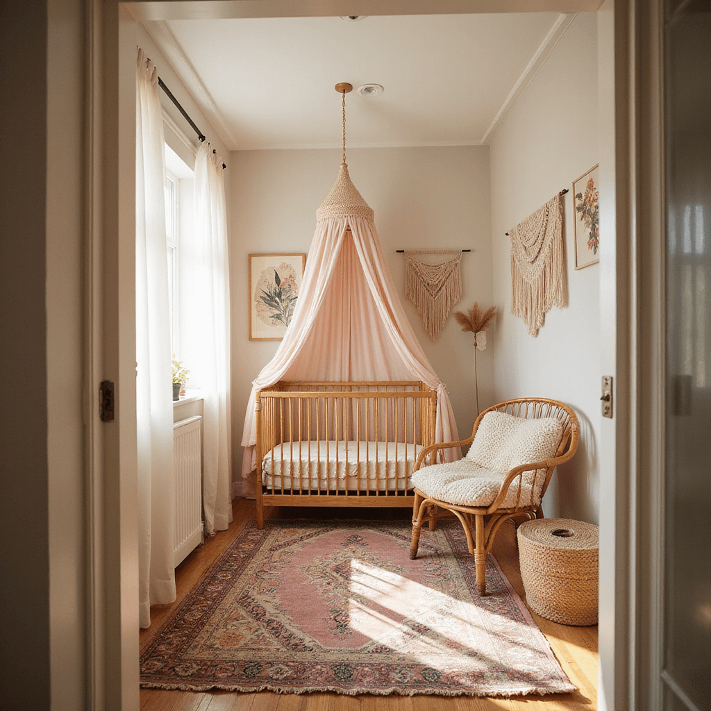 A cozy nursery featuring a natural wood crib with a blush pink macramé canopy, bathed in golden hour sunlight. The room showcases a vintage Persian rug, a rattan hanging chair with a chunky knit throw, and various macramé wall hangings framing botanical prints, all set in a warm, inviting atmosphere with natural materials and brass accents.