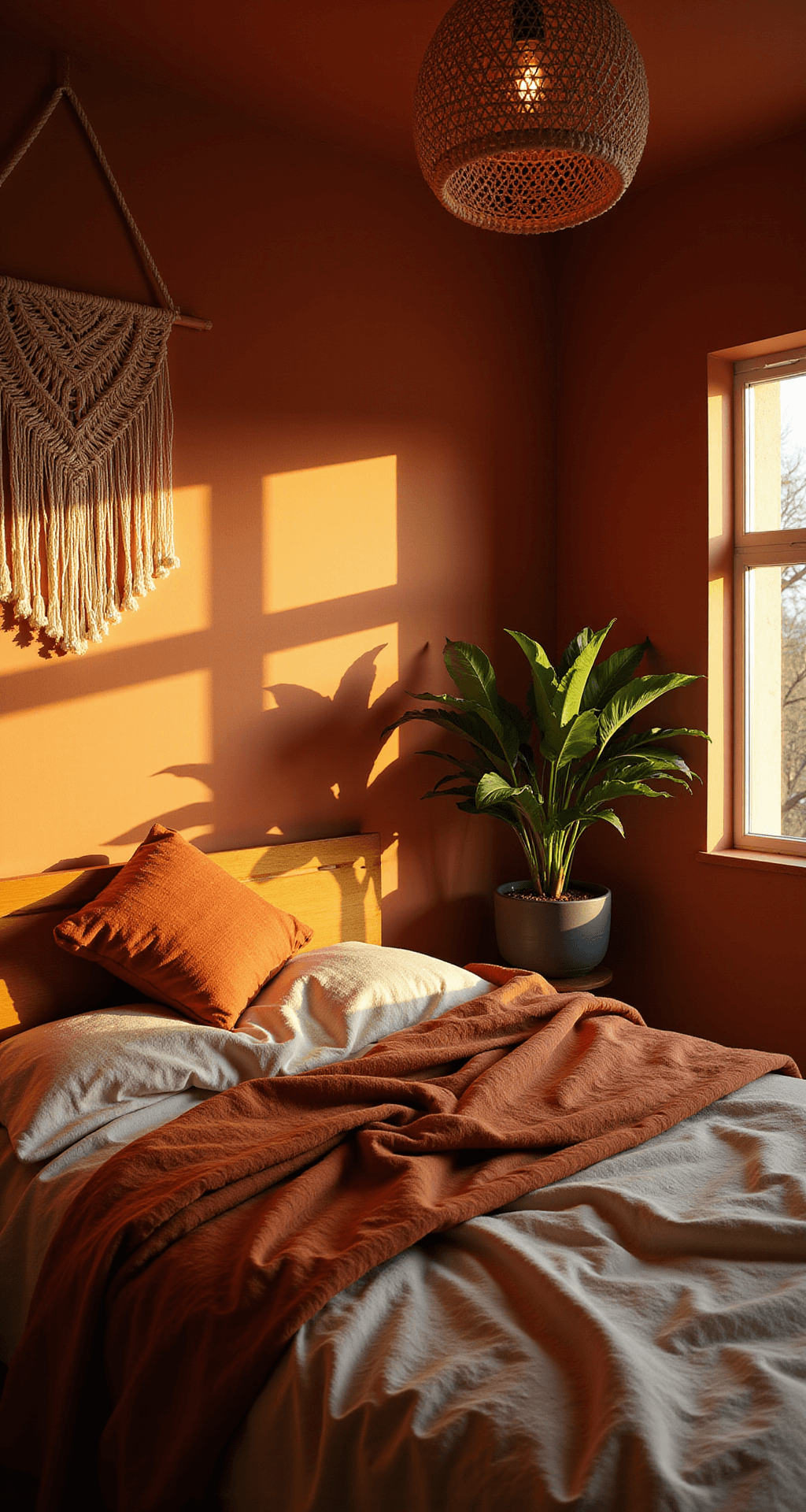 Cozy 10x12ft bedroom at sunset with warm terracotta walls, a rumpled full-sized bed in rust and cream linens, a macramé wall hanging, a rattan pendant light casting shadows, and a potted monstera in the corner, shot from bed level at f/2.0.