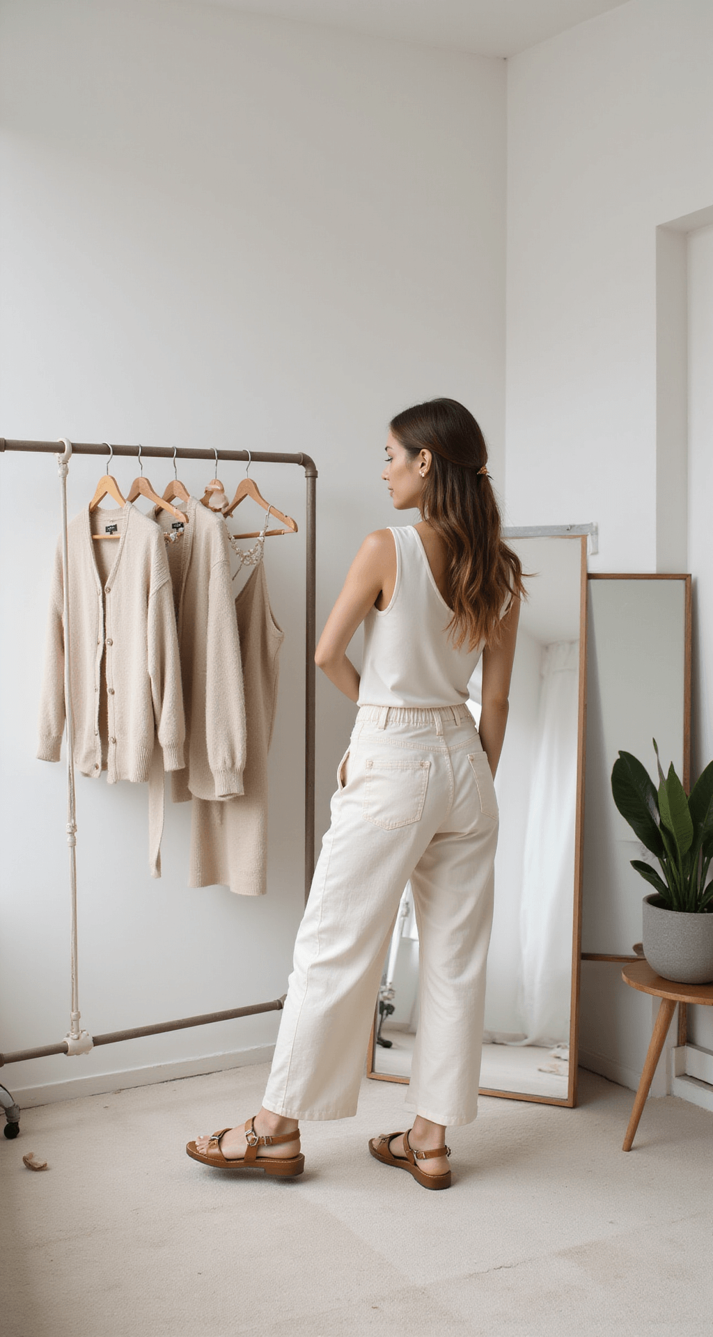 A modern white-walled dressing room filled with diffused midday light, showcasing a styling session of monochrome summer outfits on a minimal rack, featuring cream linen pants, an ivory silk camisole, a beige cotton cardigan, and nude leather accessories. Pearl hair clips and shell jewelry add accents, all captured in a full-length mirror reflection with high-end editorial quality and soft box lighting.