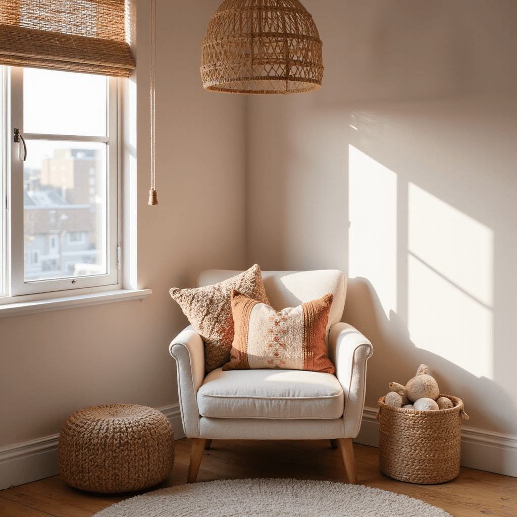 An intimate corner scene featuring a cream upholstered nursing chair against pale blush walls, illuminated by soft late morning light filtering through bamboo blinds. A rattan pendant casts patterns on the walls, surrounded by a wool pouf, a vintage kilim pillow in dusty rose and terra cotta, and a braided basket filled with neutral toys.