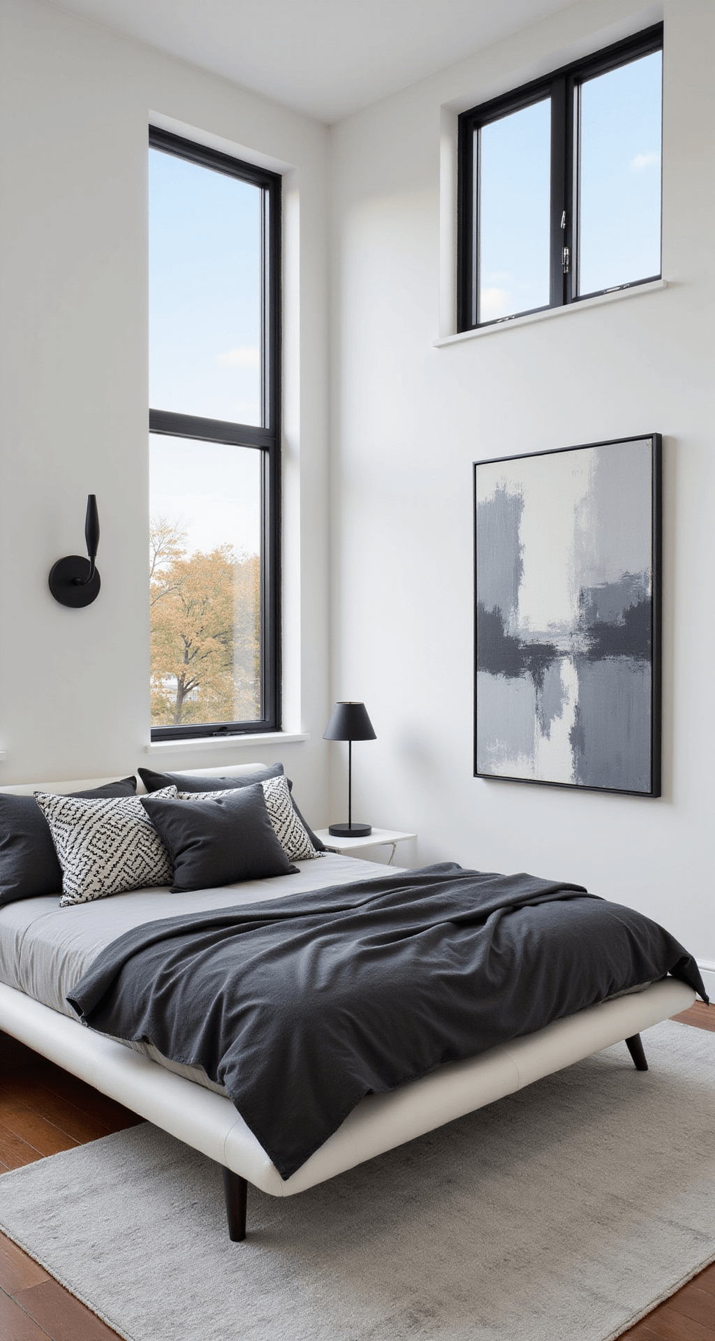 A bright, modern bedroom featuring clean white walls and black metal window frames, with a platform bed dressed in charcoal linen and geometric throw pillows, complemented by minimalist black sconces and a large abstract canvas in grays and whites, photographed from a high corner angle.