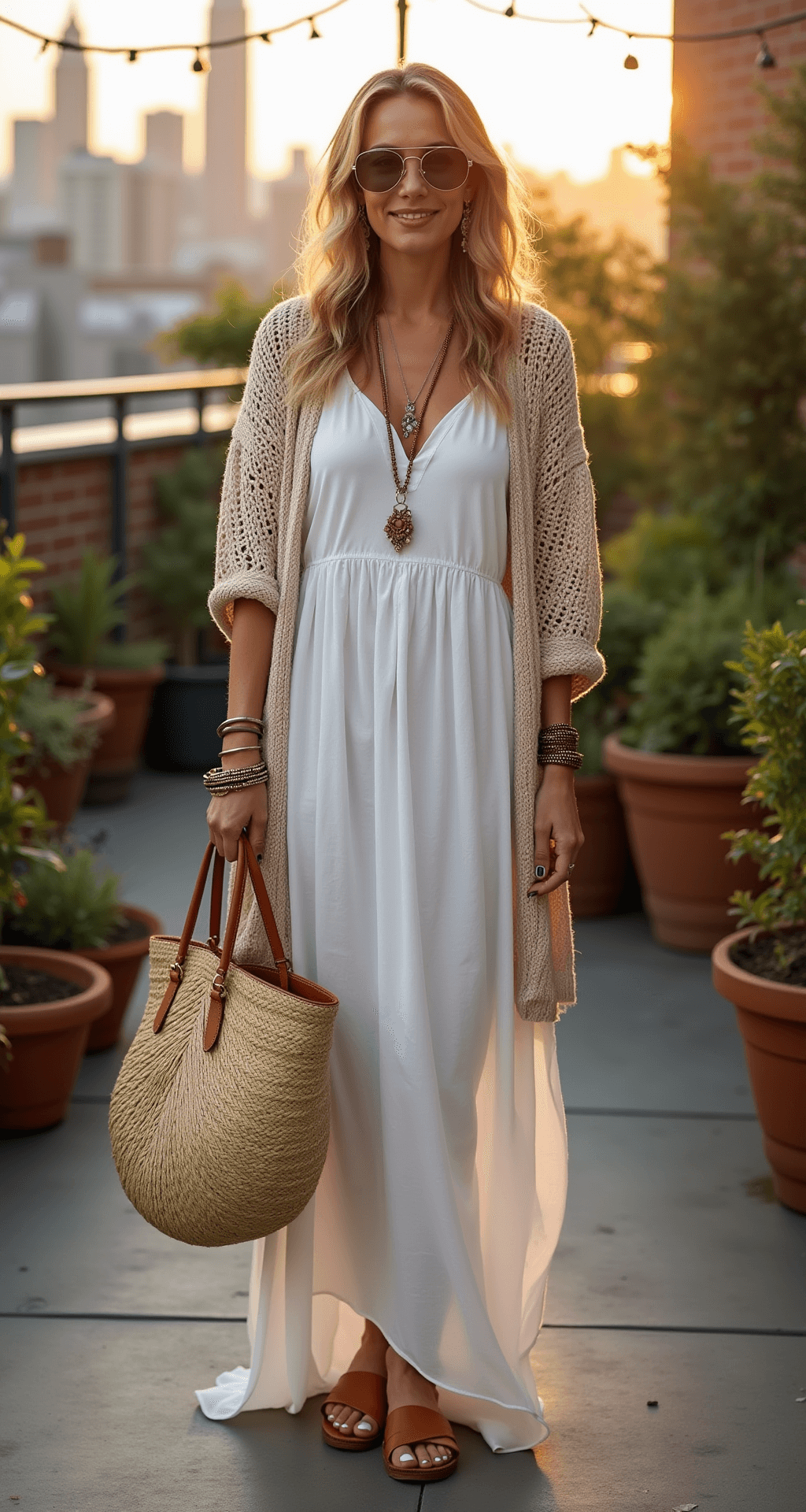 Fashion editor in a flowing white maxi dress and open-weave cardigan, accessorized with braided sandals and oversized tote, stands in a bohemian rooftop garden filled with potted plants and string lights, illuminated by golden hour light with a city skyline backdrop.