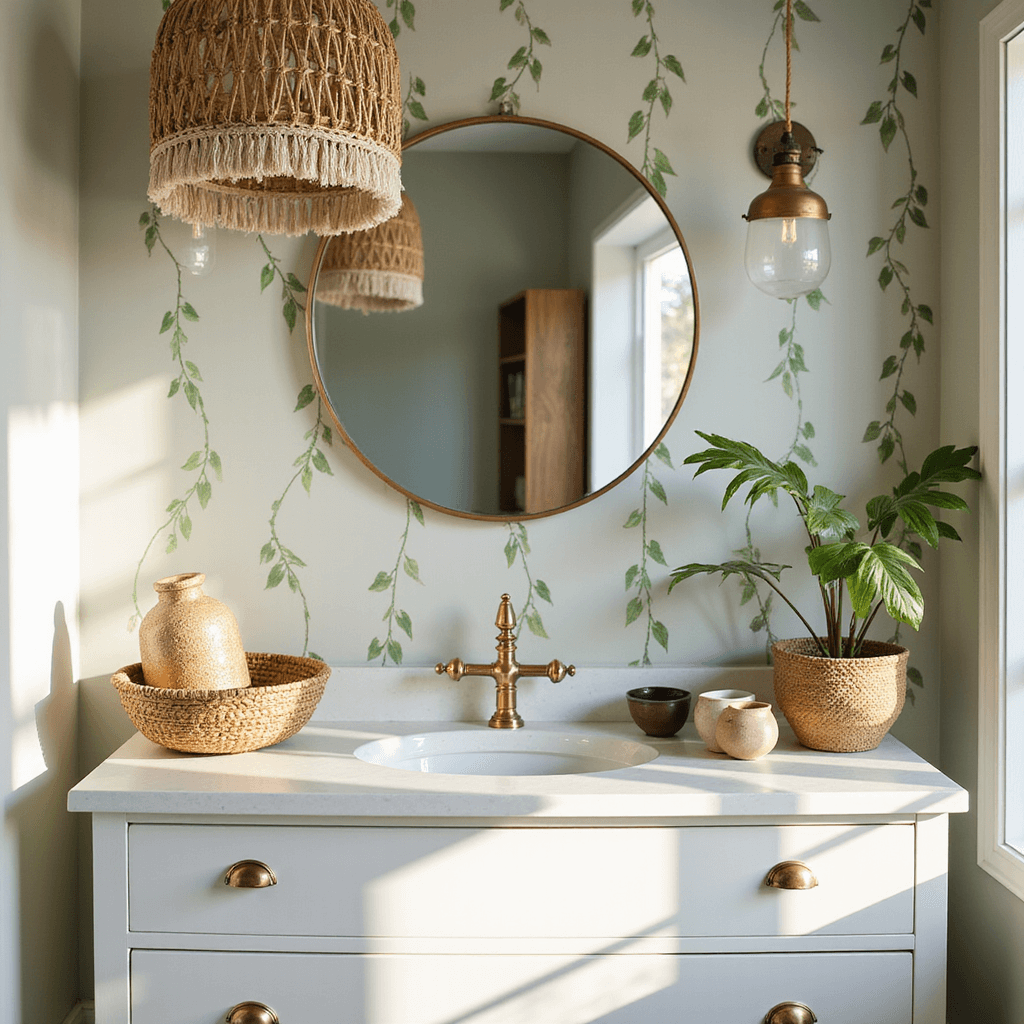 Elevated view of a stylish changing station featuring a white dresser with brass hardware, adorned with organized essentials in woven baskets and ceramic vessels, a large round mirror with macramé fringe reflecting warm light, a sage green vine wall decal in the background, and a natural fiber pendant lamp casting intricate shadows.