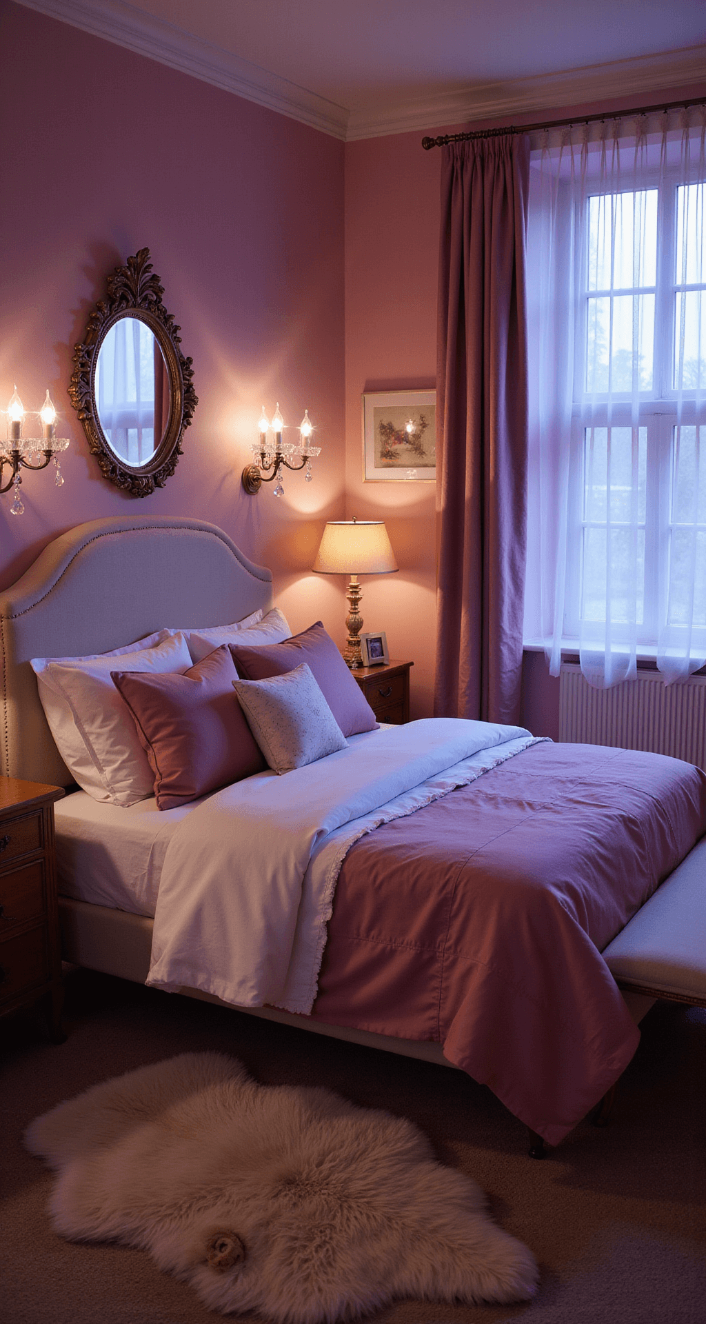Romantic bedroom at twilight with blush pink walls, a queen bed dressed in white, pink, and mauve bedding, vintage crystal sconces, an ornate mirror, a sheepskin rug, and sheer curtains filtering evening light.