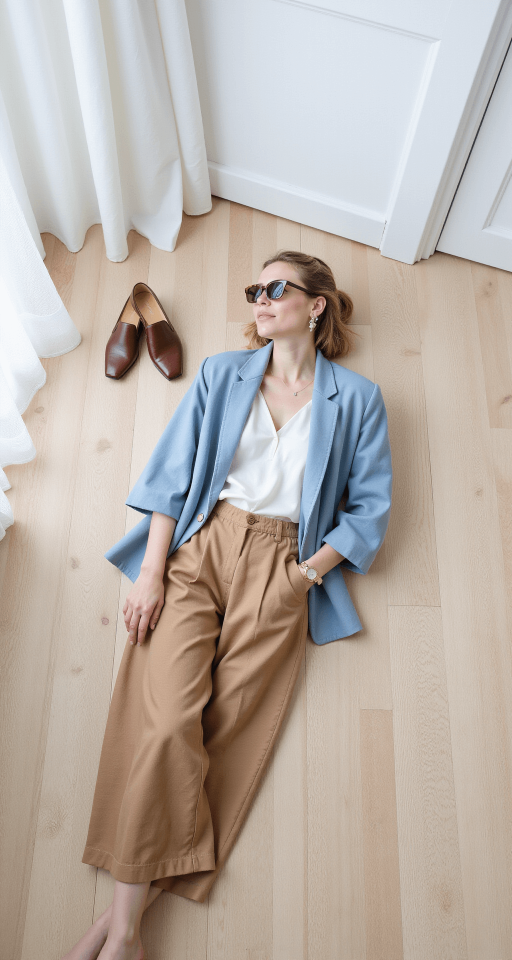 A minimalist home office corner with soft morning light filtering through sheer curtains, featuring a summer work outfit laid flat: a powder blue cotton blazer, pearl white silk camisole, and wheat-wide leg linen trousers, complemented by tortoiseshell sunglasses, leather mules, and a delicate gold watch, all styled on a light wood floor.
