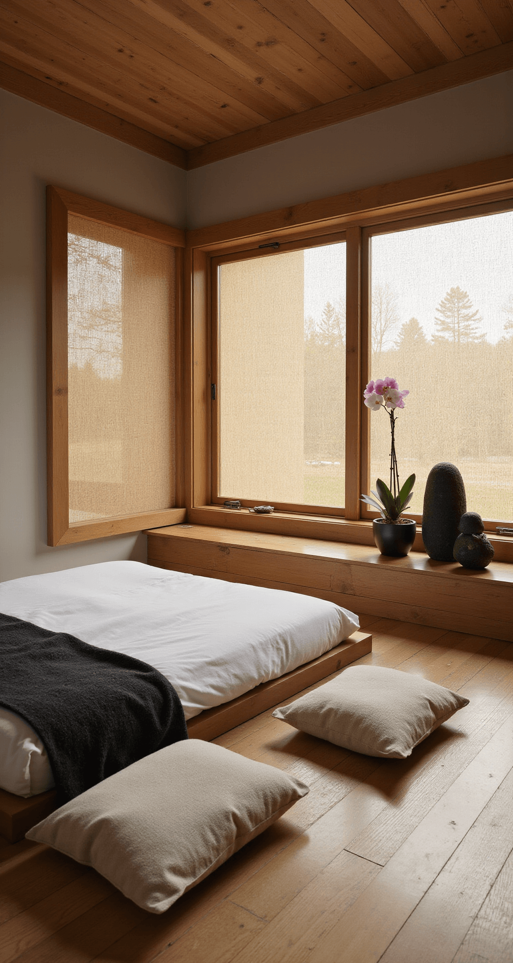 A serene zen-inspired bedroom at dawn featuring natural bamboo flooring, a low platform bed with white linens and a charcoal throw, rice paper screens, black river rocks, a single orchid, and meditation cushions in the corner, captured from a low wide angle with soft diffused light.