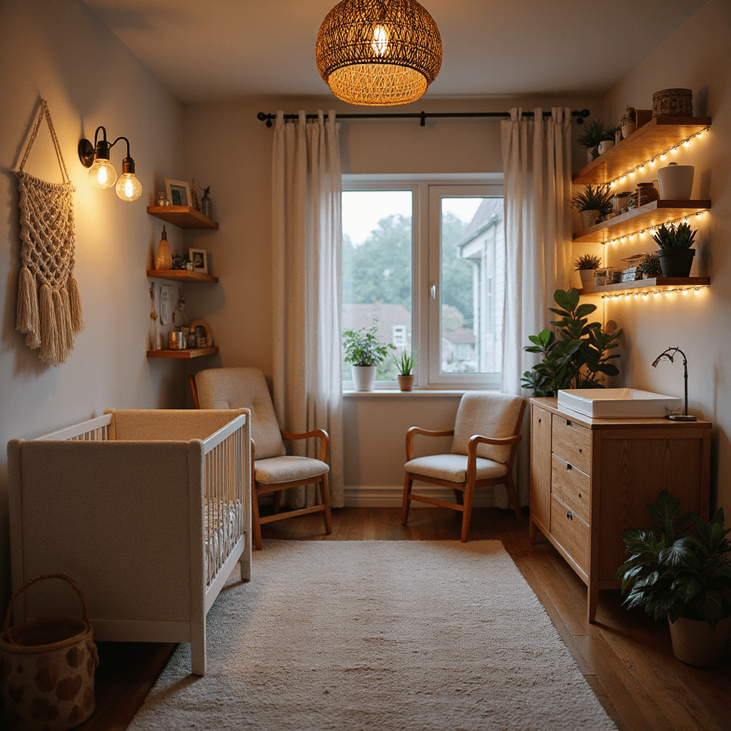 Wide shot of a nursery at dusk, featuring warm ambient lighting from sconces, a rattan floor lamp, and string lights. The layout includes a reading nook, changing station, and crib area, with natural wood shelves displaying curated items, all captured in a clear yet atmospheric manner.