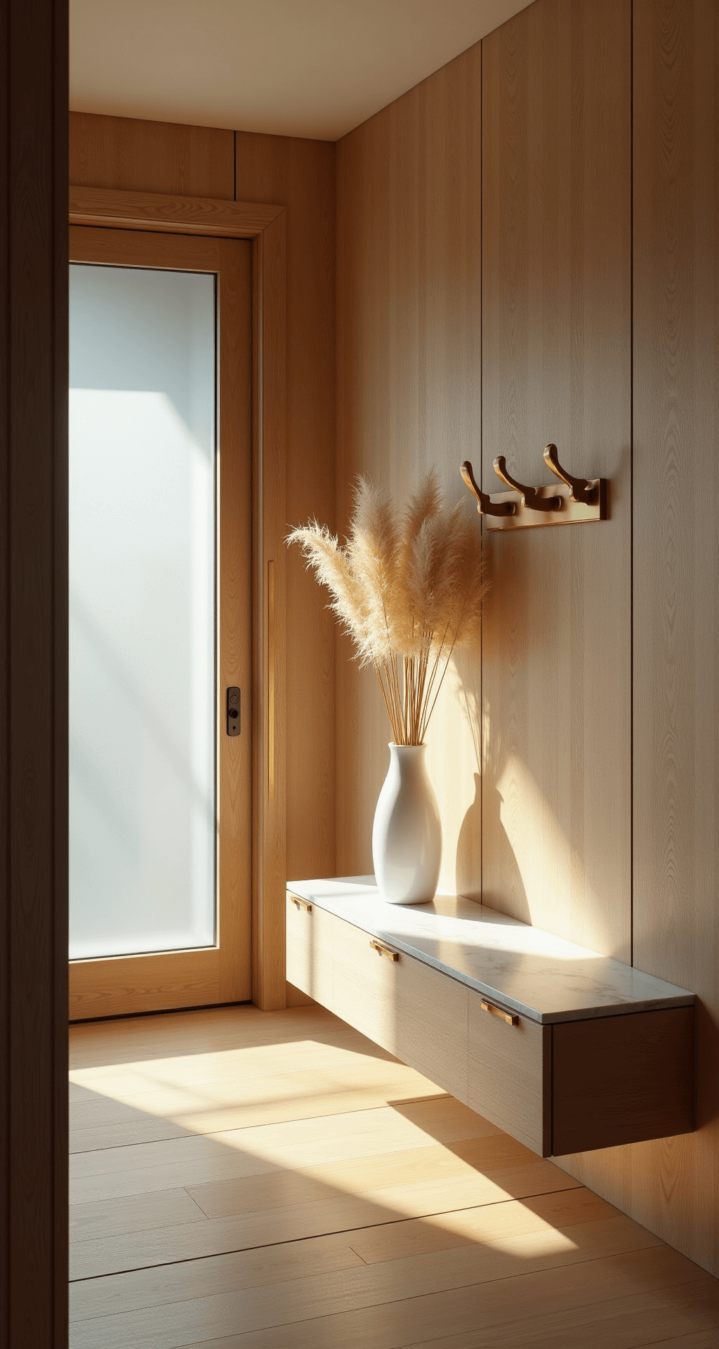 Modern entryway with vertical white oak panels and frosted glass door, featuring a brass coat hook, floating marble console, and pampas grass in a vase, illuminated by warm afternoon sunlight.