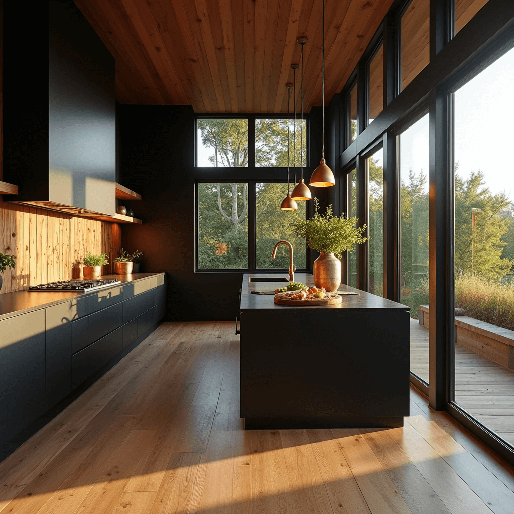 A dramatic L-shaped kitchen with matte black cabinets, a walnut wood island, and floor-to-ceiling windows, bathed in golden hour light, showcasing a charcuterie board and artisanal ceramics.
