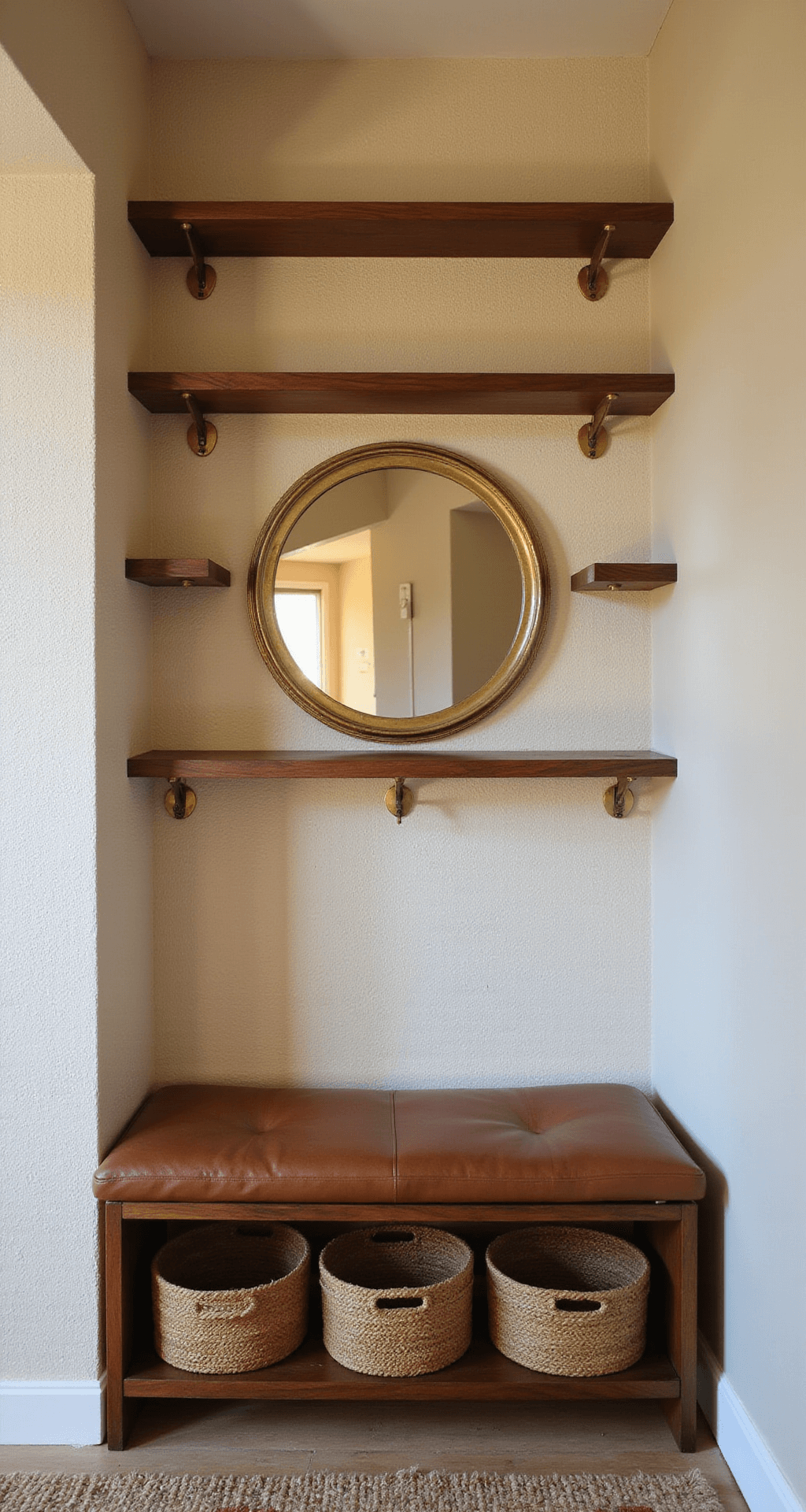 An intimate entryway featuring floating walnut shelves against cream grasscloth wallpaper, vintage brass hooks, and a round brass mirror, with a slim leather bench and woven storage baskets, all captured during golden hour in soft lighting.