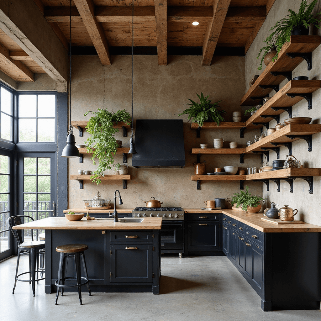 An industrial-modern kitchen featuring exposed beam ceilings, black metal framing, and floor-to-ceiling windows, showcasing distressed wood shelving and a mix of concrete and reclaimed timber surfaces, styled with vintage pendants and copper cookware.