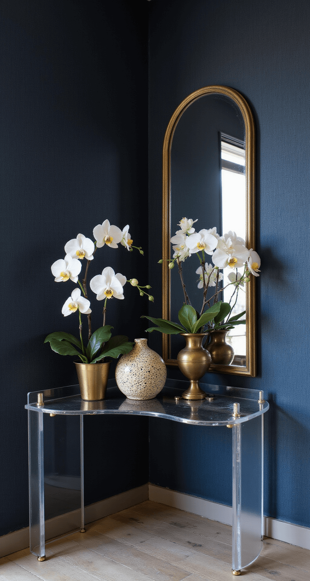 A 5x5ft foyer during blue hour, featuring a large arched mirror with an aged brass frame, dark navy grasscloth wallpaper, a slim floating acrylic console table adorned with white orchids and vintage brass objects, illuminated by artificial lighting that enhances shadows and reflections.