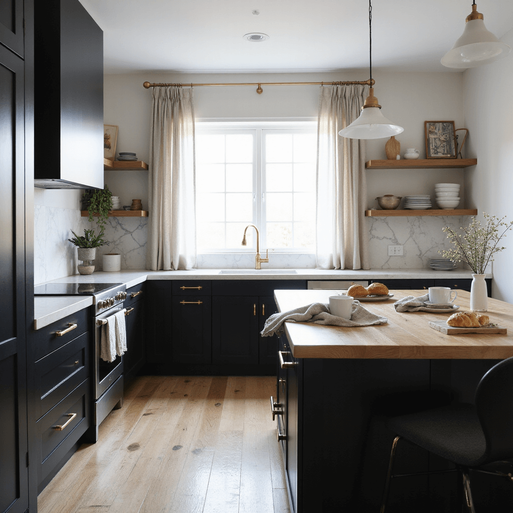 Intimate morning scene of a Scandinavian-inspired kitchen, featuring black shaker cabinets and light ash wood open shelving. A waterfall island with a breakfast setting of linen napkins, ceramic mugs, and fresh pastries is illuminated by soft morning light filtering through sheer curtains. Minimal brass hardware and a white marble backsplash enhance the contrast against the natural wood floors.