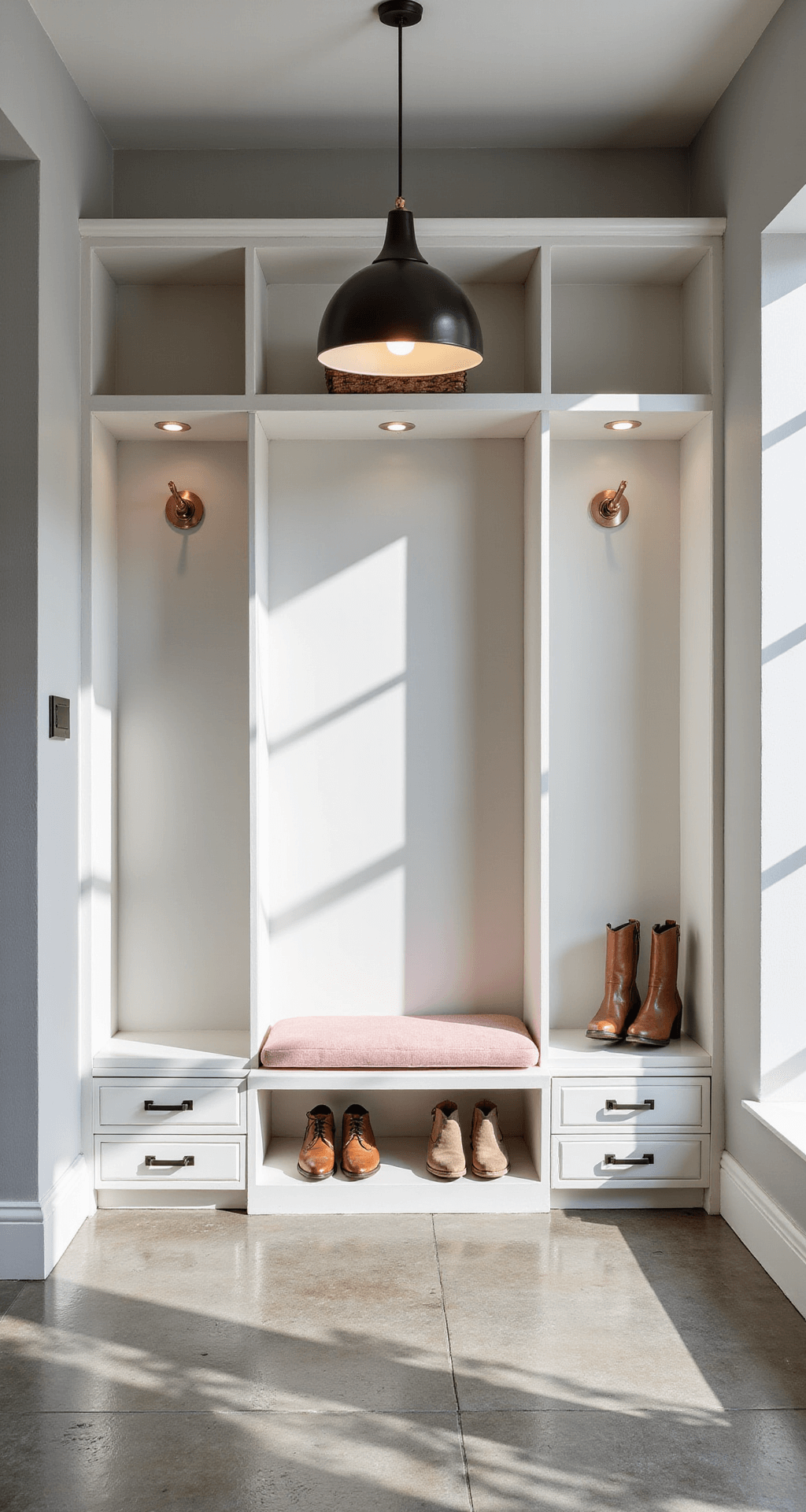 A contemporary entryway featuring floor-to-ceiling matte white built-in storage with LED lighting, a blush pink bouclé bench seat, hidden shoe drawers, and a geometric cement tile floor, illuminated by morning light and an overhead pendant.