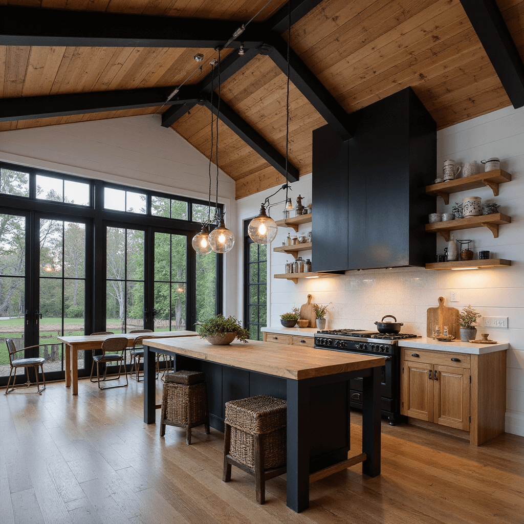 Modern farmhouse kitchen at dusk featuring a vaulted ceiling with dark wood beams, a black pantry wall, natural oak cabinets, and oversized steel-framed windows, with a focus on a central island adorned with woven baskets and potted herbs.