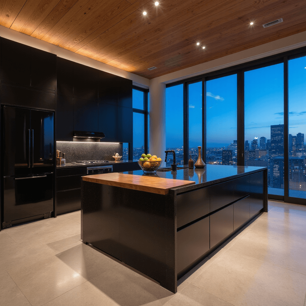 Contemporary minimalist kitchen with black cabinets and teak wood ceiling, featuring city views through floor-to-ceiling windows, hidden LED lighting, a black granite island with a wooden breakfast bar, and modern styling elements.
