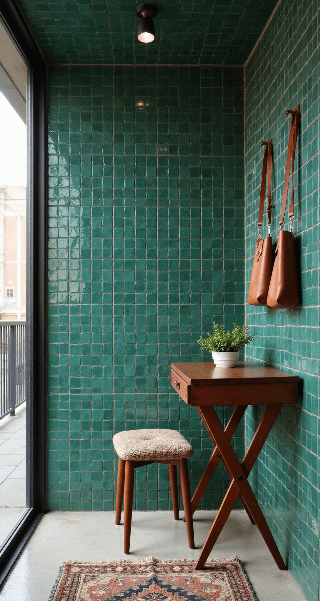 A bright urban entry space featuring a floor-to-ceiling emerald green zellige tile wall, complemented by a wall-mounted teak fold-down desk and leather sling storage pouches, captured from a side angle with natural and track lighting enhancing the tile's texture.