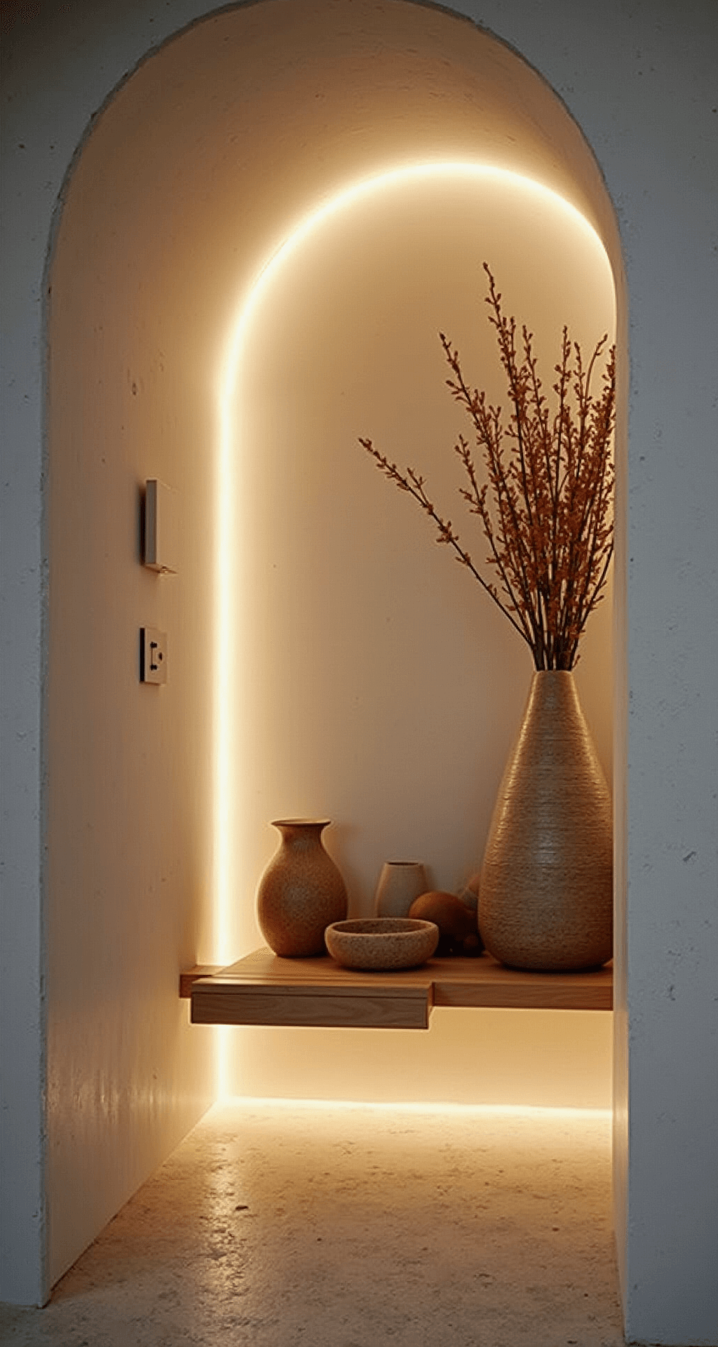 A cozy entryway at dusk showcasing a curved white plaster wall with integrated LED sconces, a floating oak shelf with a hidden drawer, and ceramic vessels in earth tones, all captured from floor level to emphasize organic curves and soft indirect lighting.
