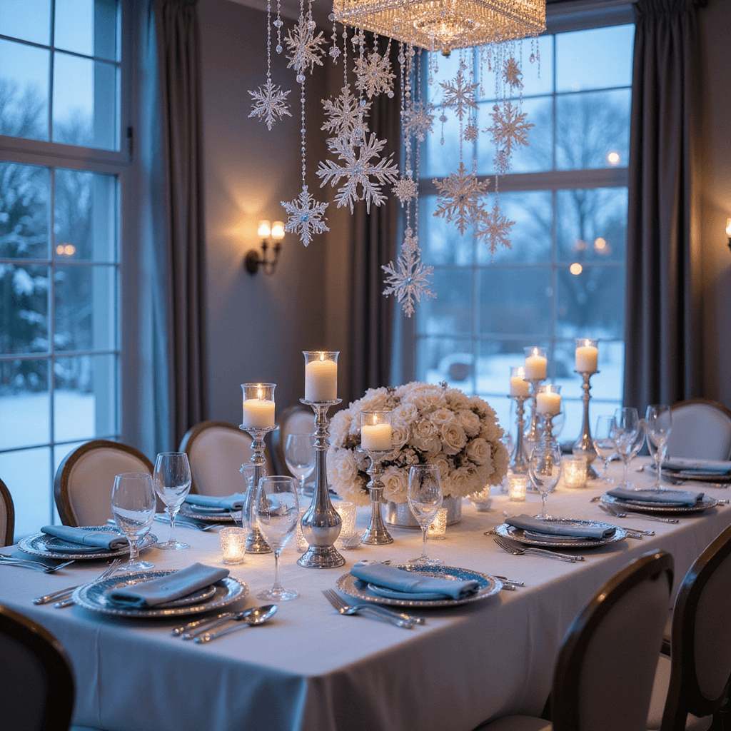 A formal dining room at dusk featuring a 10ft rectangular table with a cascading snowflake centerpiece, crisp white linens, and ice blue and silver place settings, illuminated by warm candlelight and cool winter light filtering through tall windows.