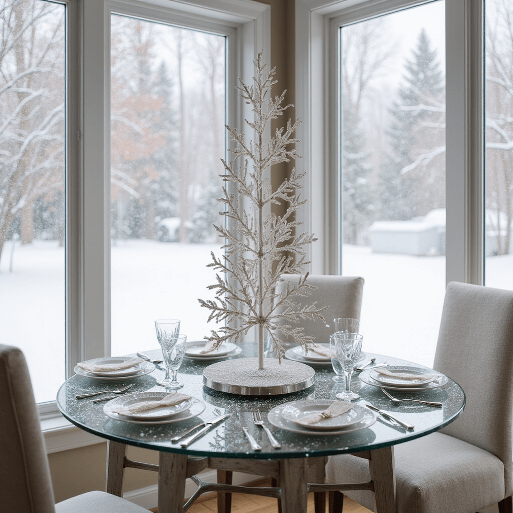 A cozy breakfast nook with a round glass dining table featuring a DIY snowflake arrangement, surrounded by floor-to-ceiling windows showcasing falling snow. The bright, airy space highlights white-painted wooden snowflakes, glitter accents, and various textures, creating a serene winter atmosphere.