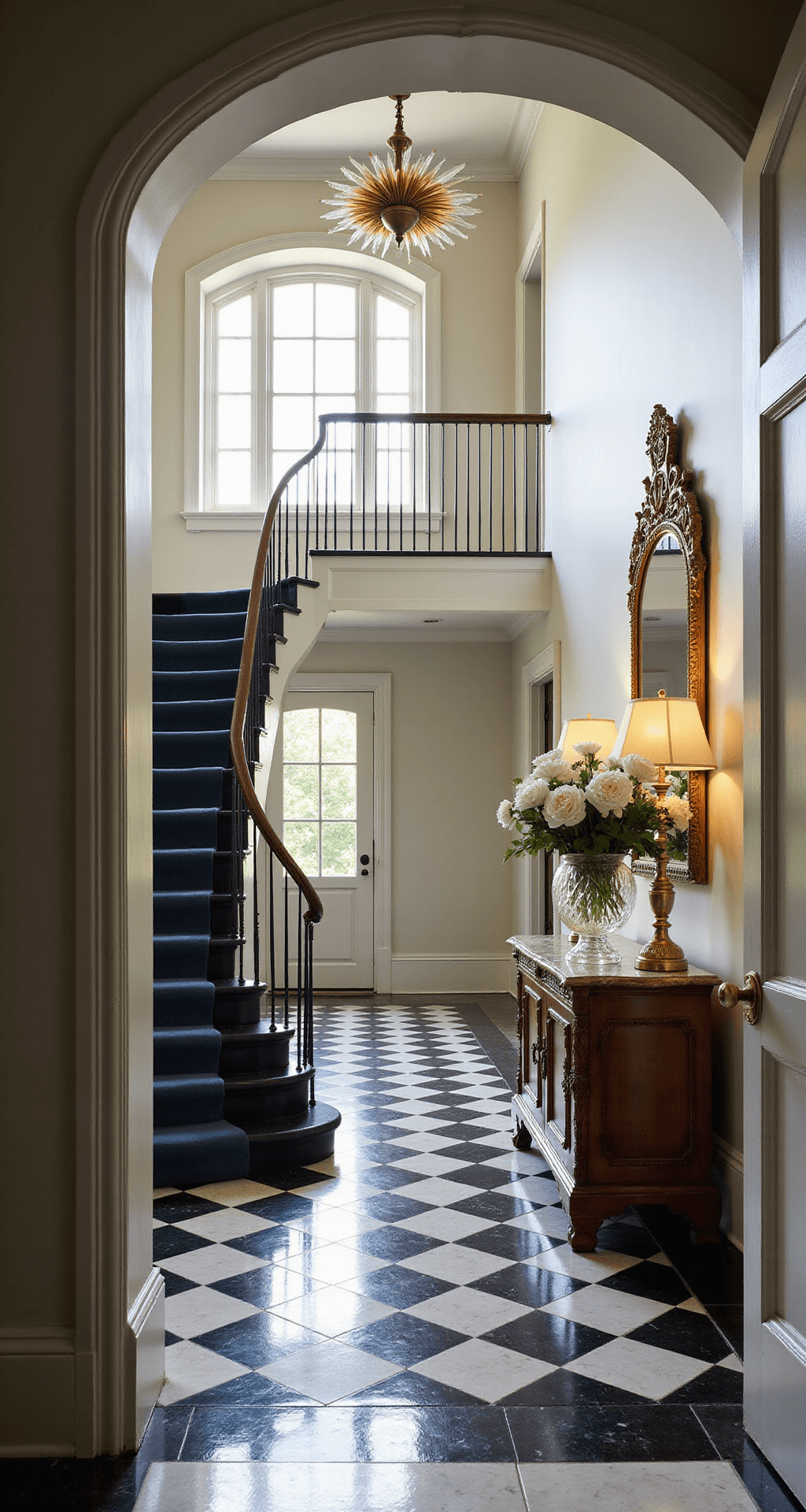 A spacious 12-foot-high foyer with black and white marble checkerboard flooring, featuring a curved staircase with a navy velvet runner, illuminated by late afternoon sunlight streaming through a Palladian window. A brass sunburst chandelier and an antique mahogany console table with mercury glass lamps and a gilded mirror complete the elegant scene, accented by fresh white peonies in a crystal vase.