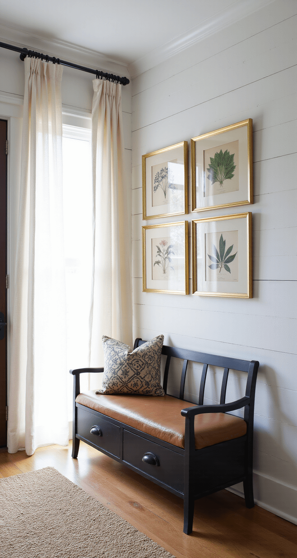 Intimate foyer nook with white shiplap walls, black steel bench with cognac leather, vintage botanical prints on gallery wall, and jute runner, softly lit by morning light through sheer linen curtains.