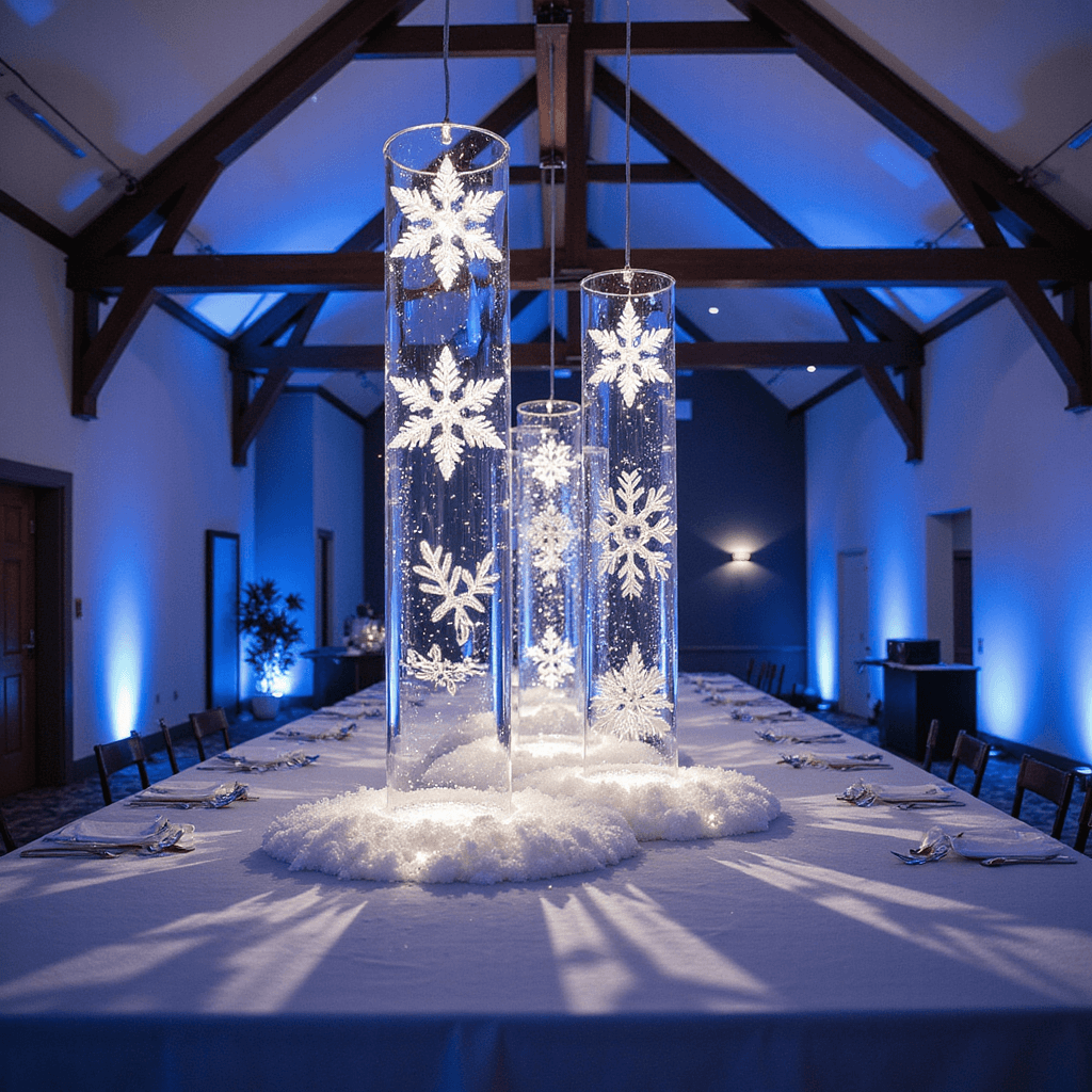 A grand great room at twilight featuring a 15ft banquet table adorned with a 'Frozen Falling Snow' centerpiece, showcasing three clear glass cylinders with suspended oversized snowflakes and twinkling LED lights, all illuminated by strategic uplighting casting ethereal snowflake patterns on the vaulted ceiling.