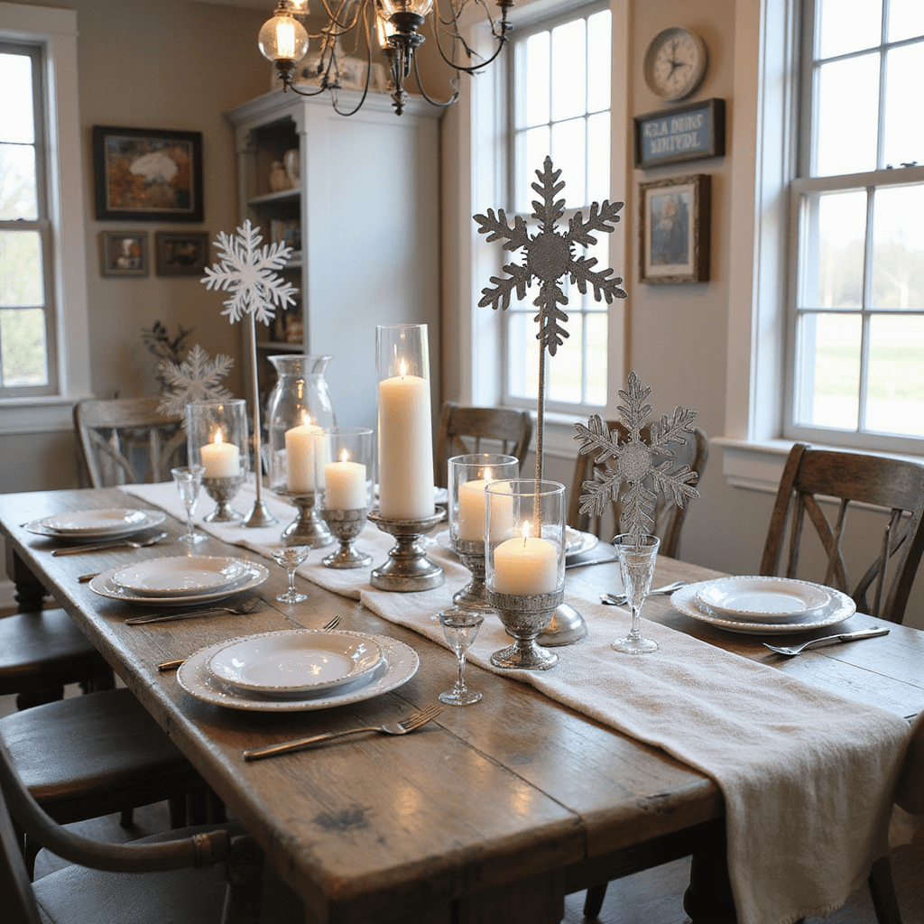 A cozy dining space featuring a vintage farmhouse table adorned with artisanal snowflake decor, including antiqued silver metalwork snowflakes and white taper candles. Natural light and Edison bulbs create warm highlights, with elements of aged silver, weathered wood, and mercury glass in a soft cream and silver palette.