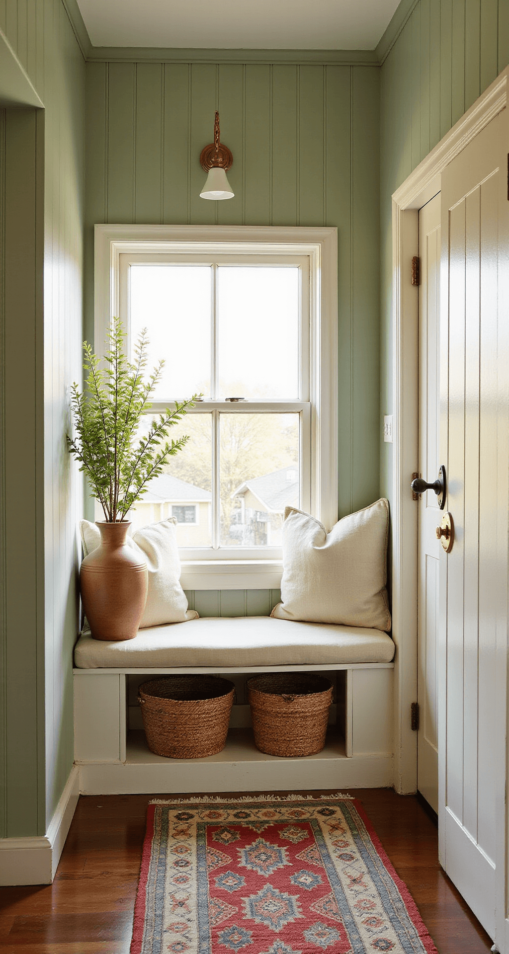 Cozy cottage entryway with sage green beadboard walls, a built-in window seat with cream cushions, vintage kilim runner, whitewashed dutch door, woven baskets for storage, and fresh eucalyptus in an earthenware vase, captured at golden hour.