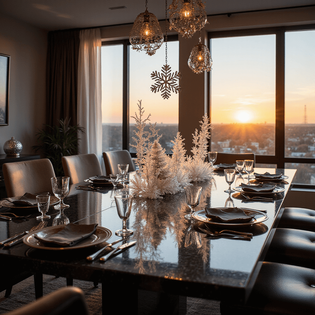 A modern dining area featuring an 8ft black marble table set with Target's Winter Wonderland collection, showcasing pre-made acrylic snowflake centerpieces, metallic charger plates, and crystal stemware, all illuminated by warm sunset light and sleek track lighting, emphasizing the contrast of dark and light elements.