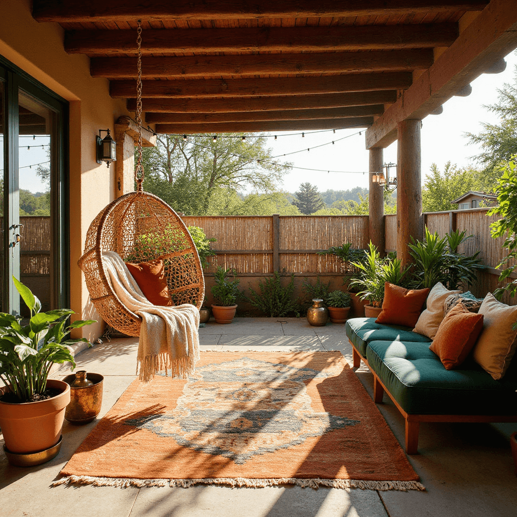 A cozy, sunlit covered patio featuring a rattan hanging chair with macramé throw and velvet cushions, layered Kilim rugs, brass Moroccan lanterns, cascading plants, and modular seating, all illuminated by string lights and natural light.