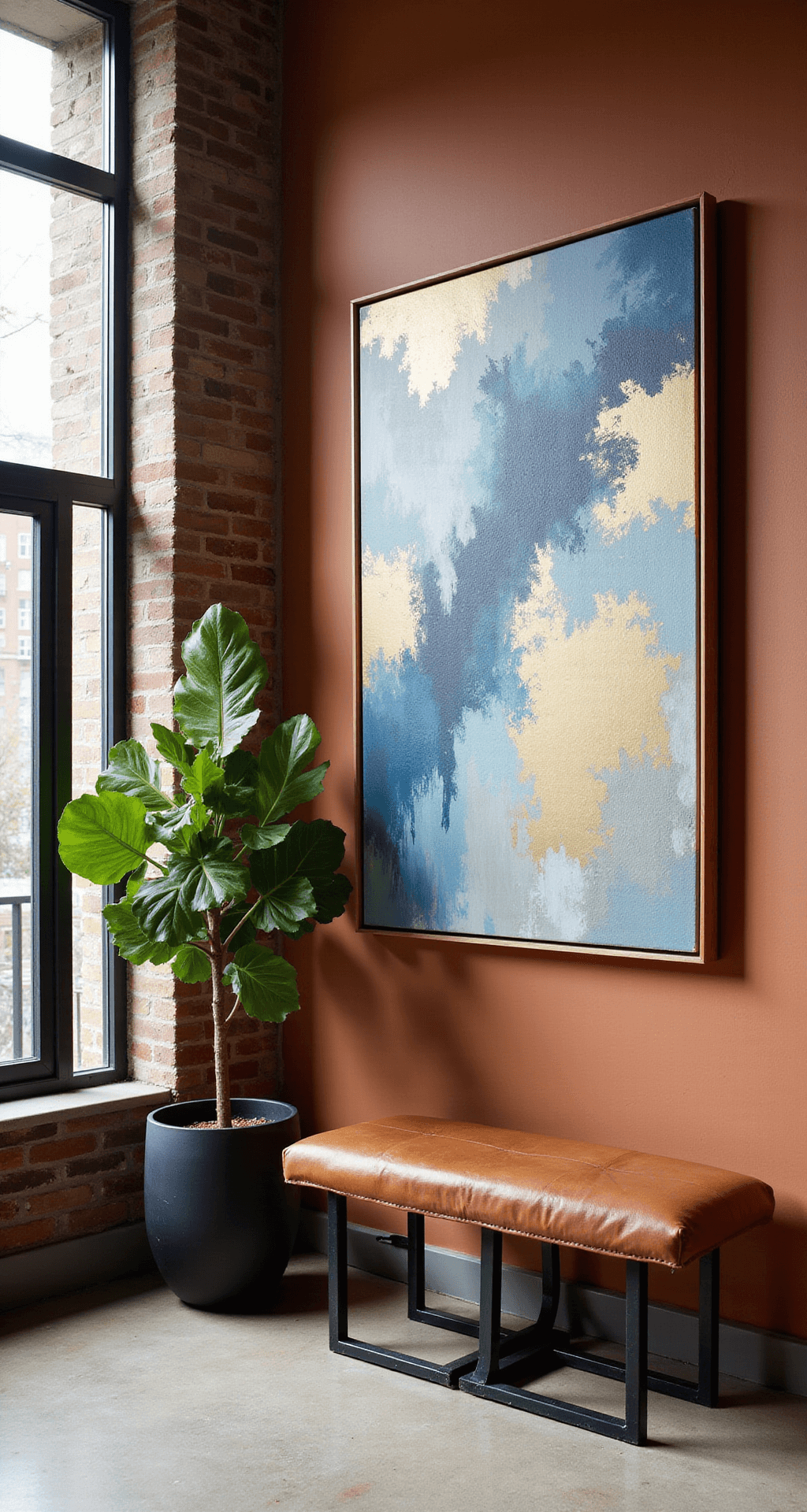 A straight-on view of an urban loft entryway featuring black steel-framed windows, warm terracotta walls, a leather sling bench beneath a large abstract canvas in blues and golds, and a fiddle leaf fig in a matte black planter, all illuminated by dramatic morning light.