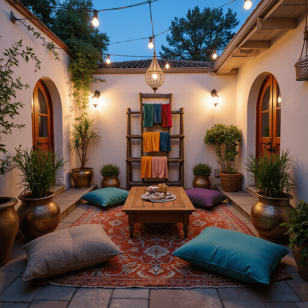 Intimate courtyard patio at dusk featuring a low-profile teak coffee table surrounded by jewel-toned floor cushions, vintage brass planters with trailing jasmine, and metal pendant lights casting shadows on whitewashed walls. Handwoven jute poufs and antique ceramic stools add seating, while a weathered wooden ladder displays colorful Turkish towels and air plants.