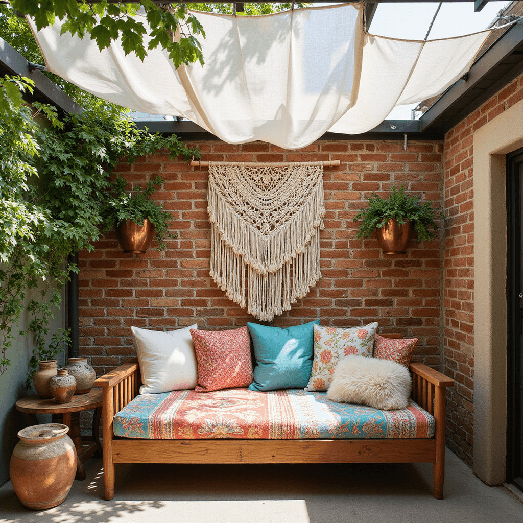 A cozy corner patio nook featuring an antique wooden daybed adorned with coral, turquoise, and saffron textiles, against a distressed brick wall with a macramé wall hanging and copper planters of ivy. A reclaimed wood side table displays handmade ceramic vessels, complemented by sheepskin throws and embroidered pillows, with a pergola overhead casting dappled morning light.