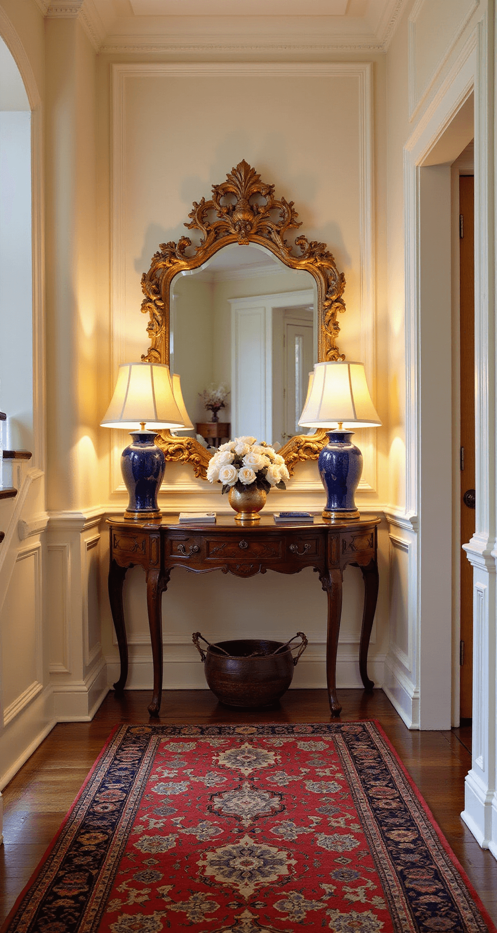 A warm-lit traditional foyer at dusk featuring cream panel molding, a curved staircase, a jewel-toned Persian runner, cobalt blue ginger jar lamps, a gilded Chippendale mirror, a mahogany demilune table, and fresh roses, all captured with a shallow depth of field.