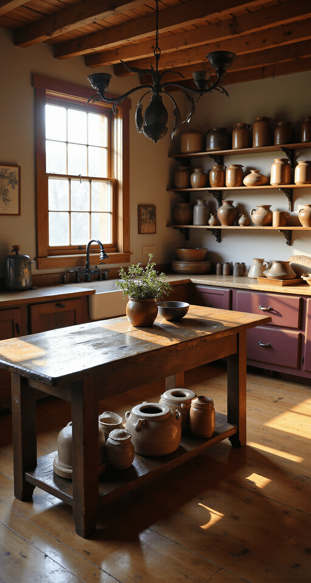 Interior of a warm, rustic farmhouse kitchen with sunlight streaming through a window above a farmhouse sink, casting shadows on wide-plank pine floors. A distressed dark walnut harvest table is centered, decorated with hand-thrown pottery and vintage mason jars. Open shelves display weathered crocks, featuring a color palette of chestnut browns, deep burgundy, and mustard yellow. Copper cookware hangs from a ceiling rack, with a camera angle emphasizing the room's depth in golden hour light.
