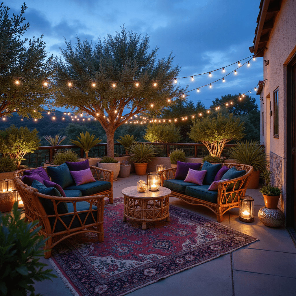 Expansive rooftop patio at blue hour with clustered rattan seating, deep purple and forest green cushions, oversized bamboo lanterns, copper string lights among potted olive trees and bird of paradise plants, vintage Persian rugs, painted ceramic tiles, and hammered metal side tables reflecting twilight.