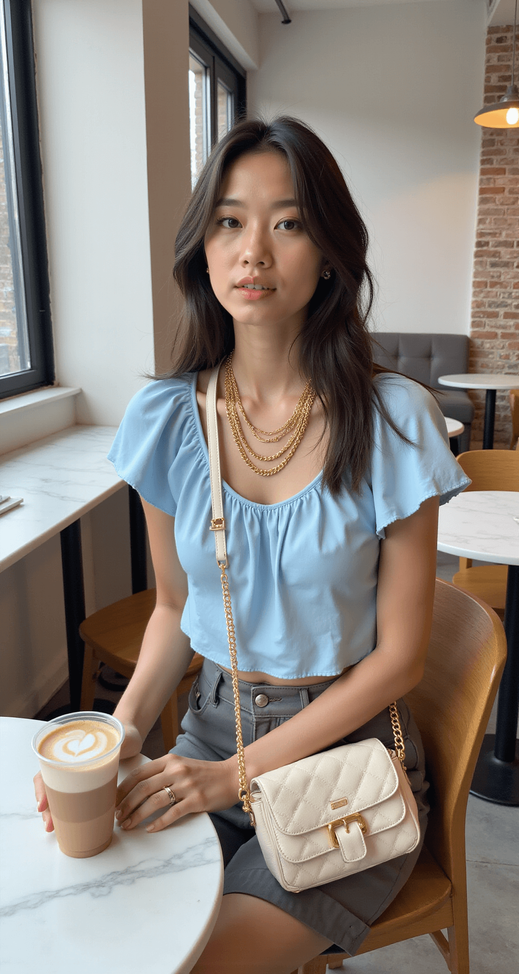 A model seated in a bright coffee shop with white marble tables and exposed brick walls, wearing a pastel blue ruffle-collar crop top and gray cargo mini skirt, with a cream crossbody bag and an artisanal latte on the table, gold necklaces catching the light.