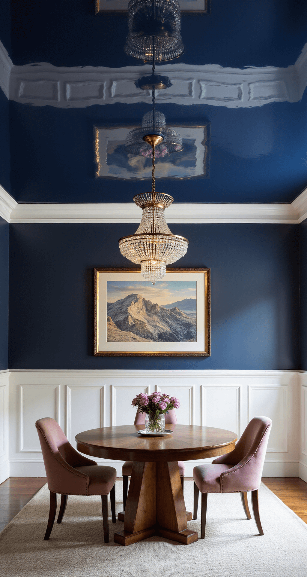 An intimate dining room featuring a high-gloss navy blue ceiling reflecting a crystal chandelier, surrounded by white wainscoting, a round walnut table, and dusty rose velvet chairs, captured during golden hour.