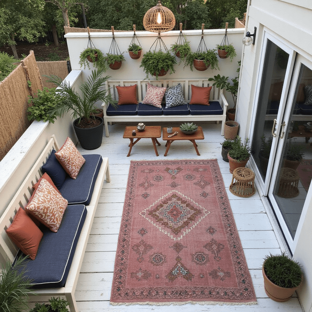 An aerial view of an intimate balcony patio featuring whitewashed wooden flooring adorned with vintage overdyed rugs in faded pink and navy, custom-built bench seating with mud cloth cushions and tribal print pillows, hanging macramé plants as a living privacy screen, Moroccan tea tables with treasures and succulents, a rattan pendant light, and fluttering natural fiber curtains, all bathed in mid-morning light.