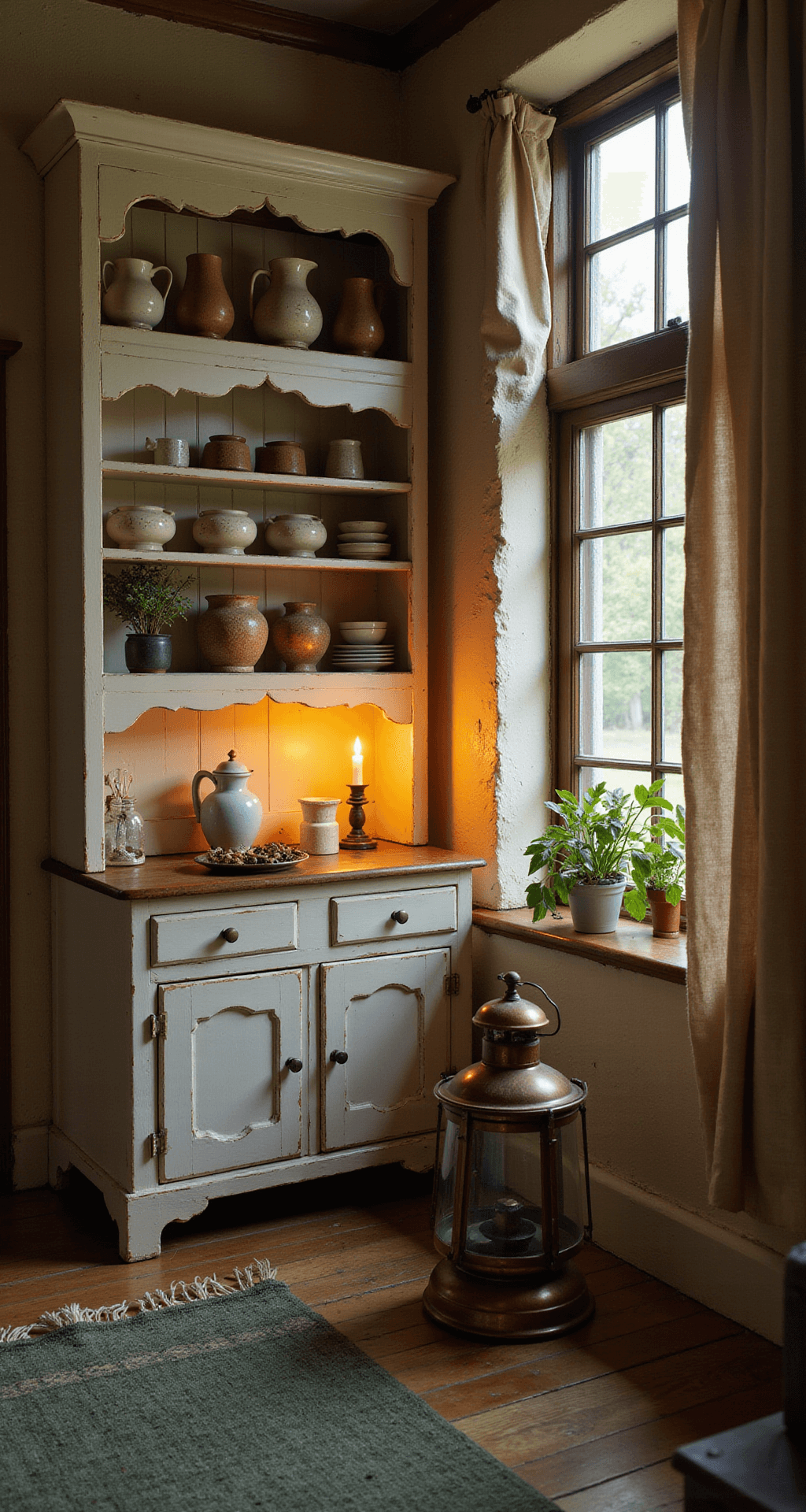 Intimate kitchen corner at dusk featuring an antique hutch with ironstone pitchers and wooden butter molds, candlelight illuminating textured cream plaster walls, a handwoven forest green runner, and a copper lantern, all captured in a low-angle shot highlighting the warmth of layered textures.