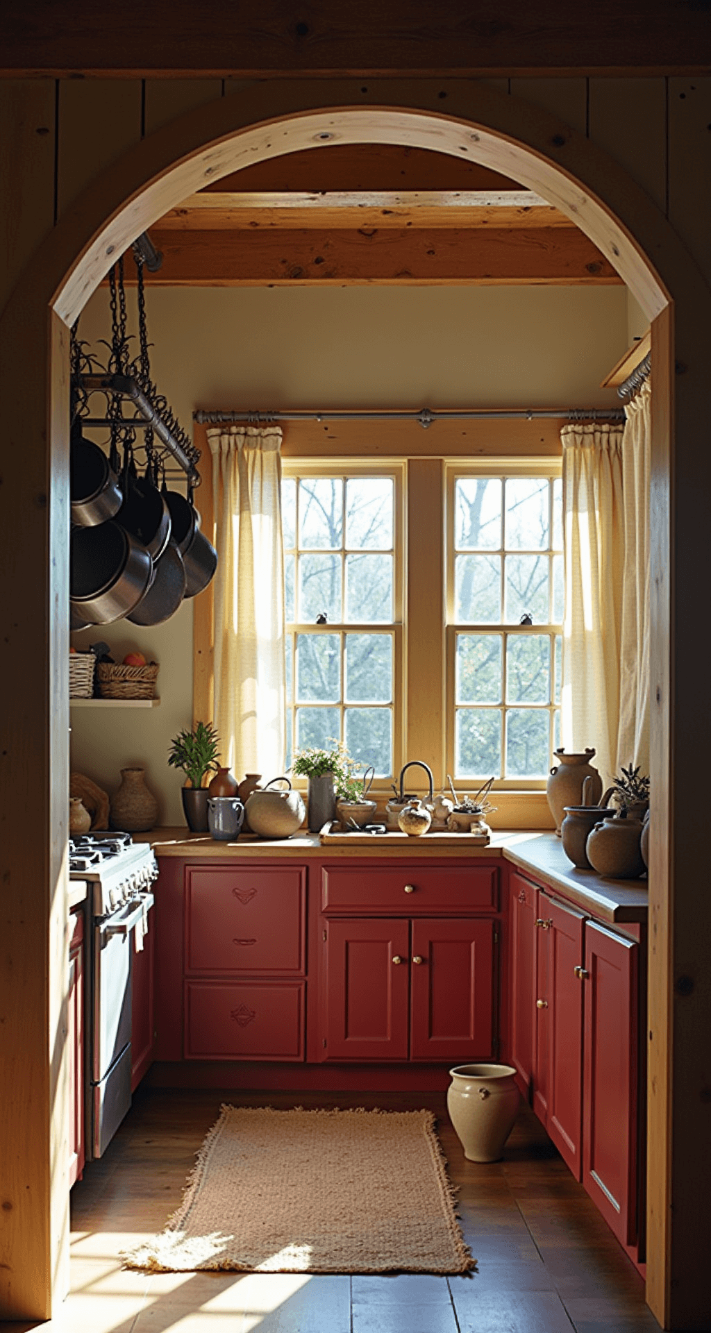 A sunlit primitive kitchen prep area featuring exposed wooden ceiling beams, a vintage pot rack with cast iron cookware, a butcher block island with dried herbs and mortar and pestles, rustic red cabinets, and soft linen curtains, all captured in a wide-angle shot from the entrance.