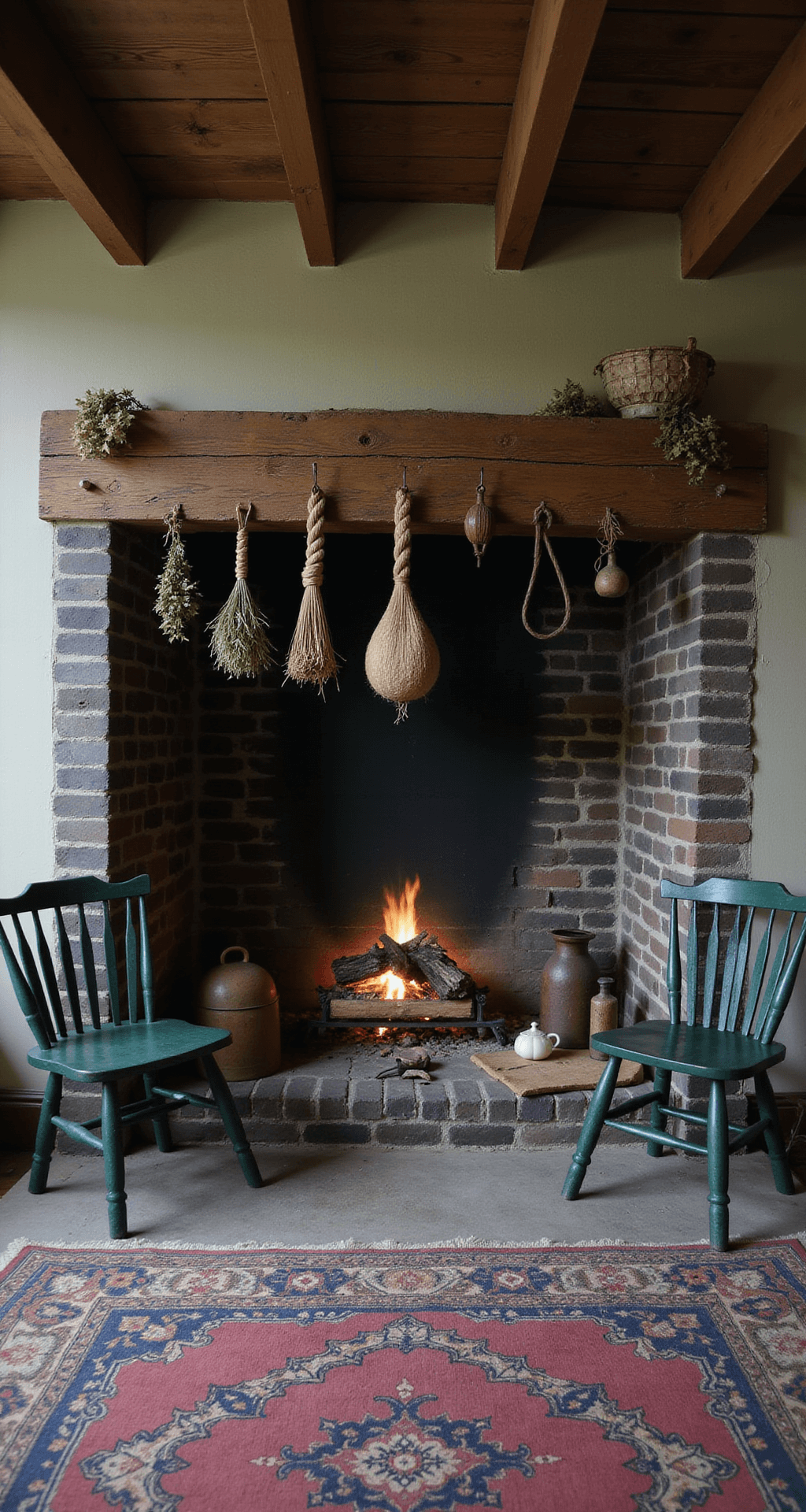 Cozy primitive kitchen hearth area at twilight featuring a massive cooking fireplace with blackened brick, vintage cooking tools, and cast iron pieces, alongside drying herbs and garlic braids on a rough-hewn mantel. Flanking Windsor chairs painted in deep forest green, the color palette includes charcoal grays, deep browns, and touches of sage, captured from a low angle to emphasize the height and warmth of the space.