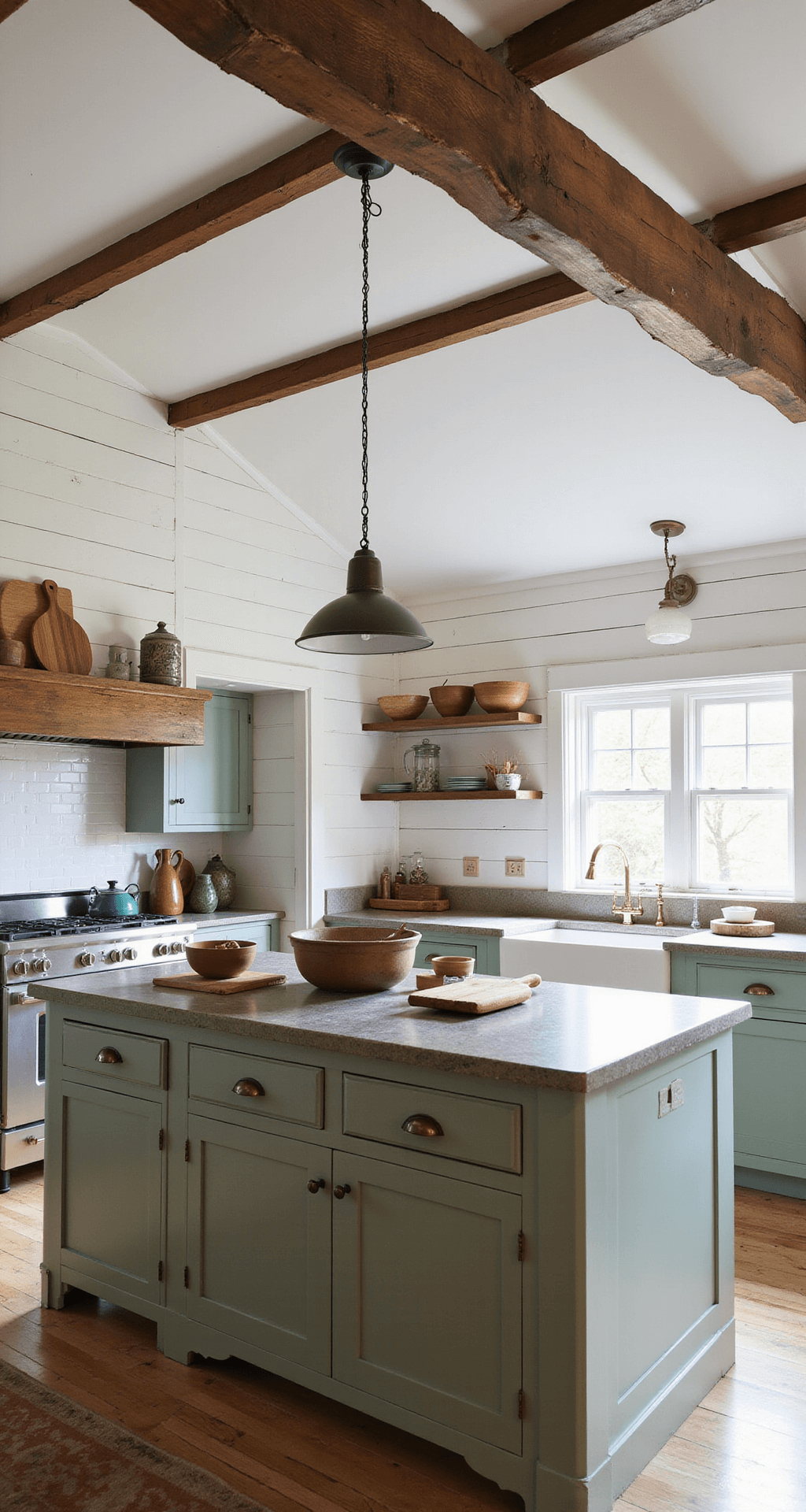 Bright morning light fills an open-concept primitive kitchen featuring whitewashed shiplap walls and exposed chestnut beams, with sage green lower cabinets and soapstone counters, a central island adorned with earthenware bowls and vintage tools, all captured from an elevated view.