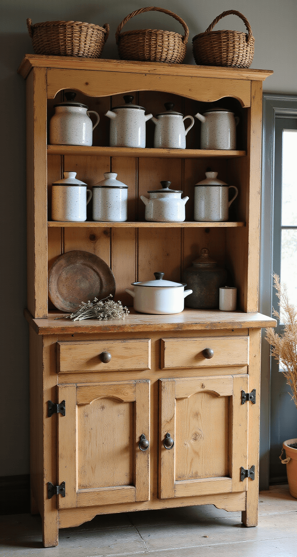 Detail shot of a weathered pine kitchen work station featuring speckled enamelware, tin canisters, and handmade baskets, with vintage tools and dried flowers on a honey-colored wooden surface, illuminated by side lighting that enhances textures in a warm color palette of aged whites, rusty reds, and natural woods.