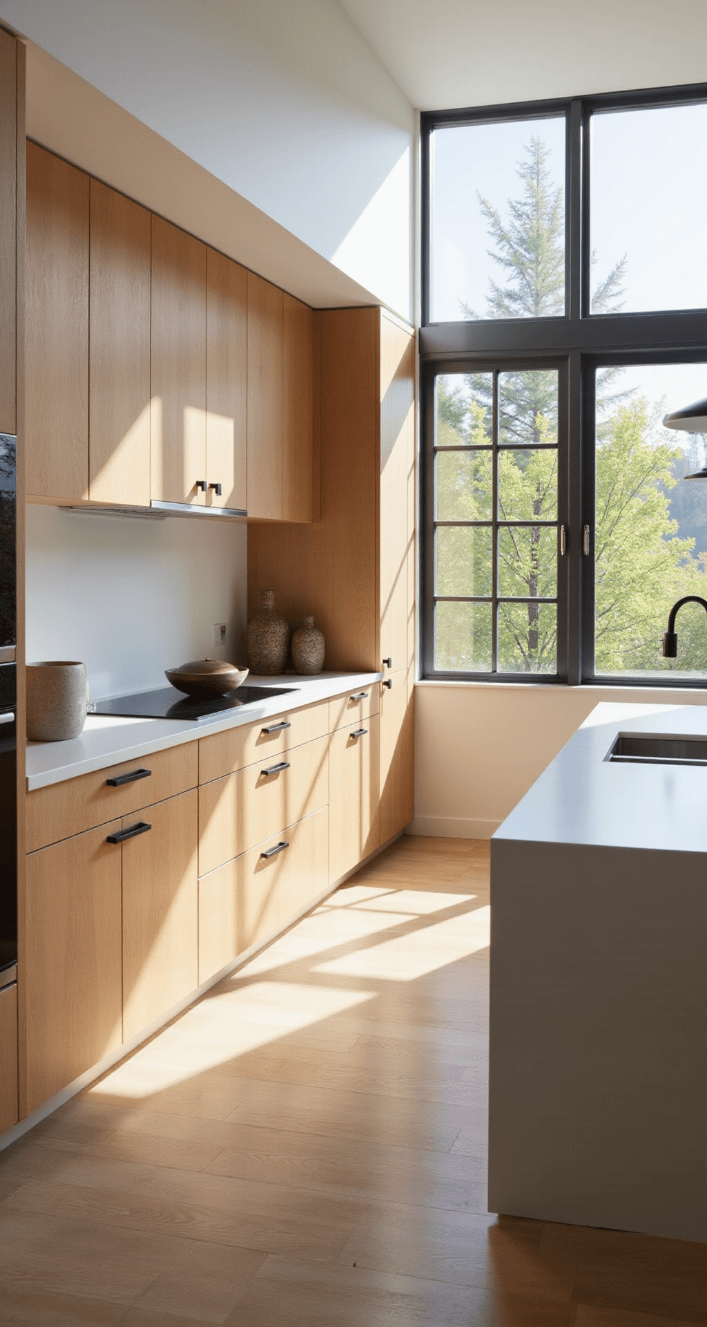 A sunlit modern kitchen featuring floor-to-ceiling clear alder cabinets with a honey-blonde finish, a white quartz waterfall island, and minimal decor. The space is illuminated by morning light through steel-framed windows, complemented by soft fill lighting, creating a clean and serene atmosphere.