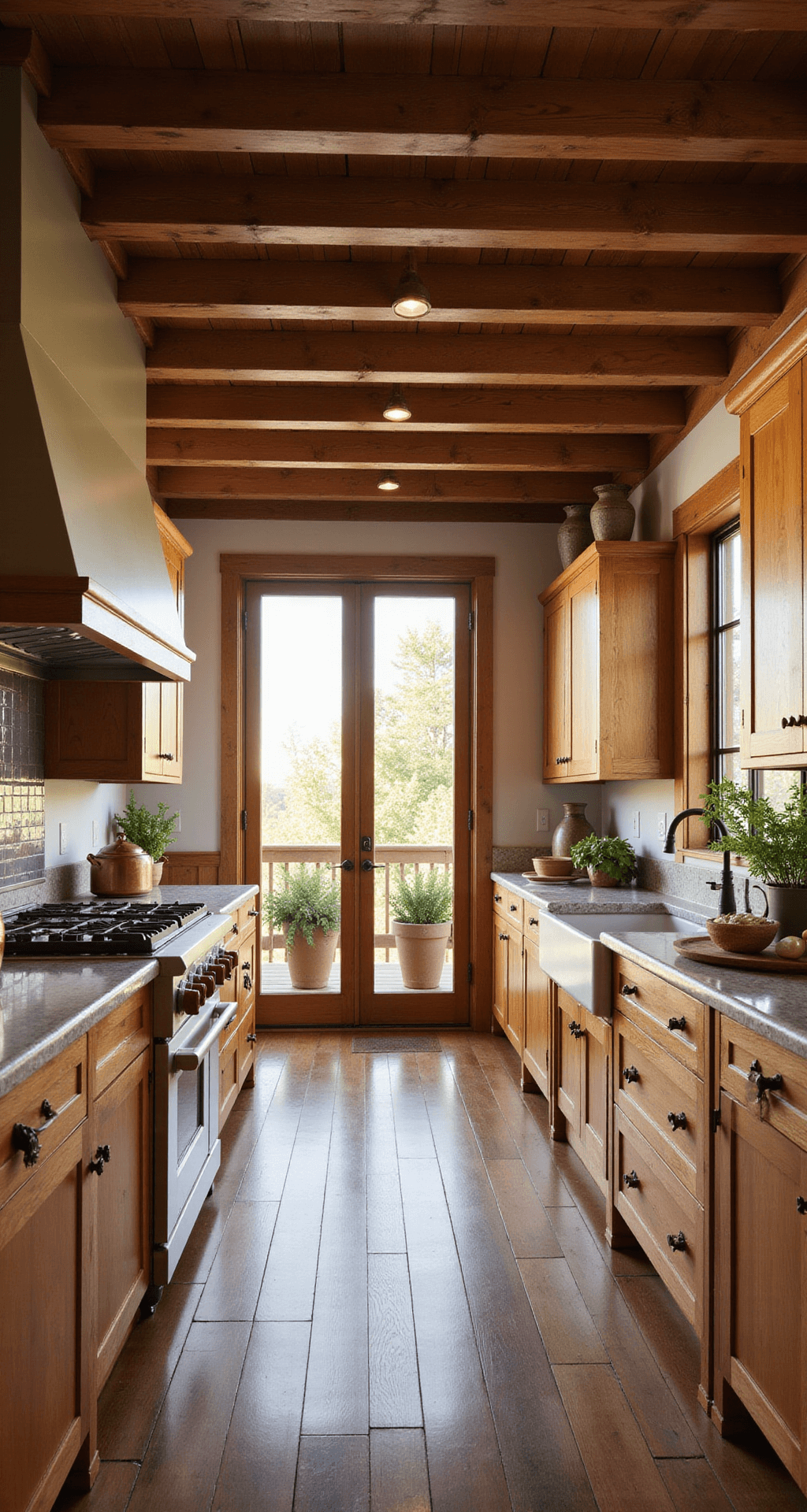 A spacious open-concept kitchen with knotty alder cabinets in warm chestnut finish, vintage brass hardware, and a farmhouse sink, illuminated by late afternoon golden hour light. The design features exposed wooden beams, French doors, and is styled with copper cookware and fresh herbs, creating a cozy, lived-in atmosphere.