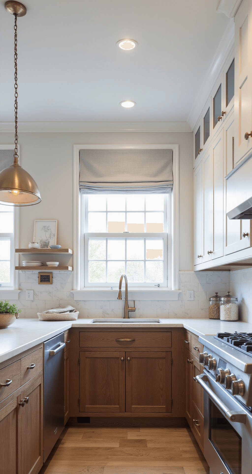 L-shaped kitchen featuring a tray ceiling, with knotty alder lower cabinets in coffee bean stain and crisp white upper cabinets, accented by brushed nickel and aged brass fixtures, a marble backsplash, and styled with white ceramics, illuminated by diffused midday light through roman shades.